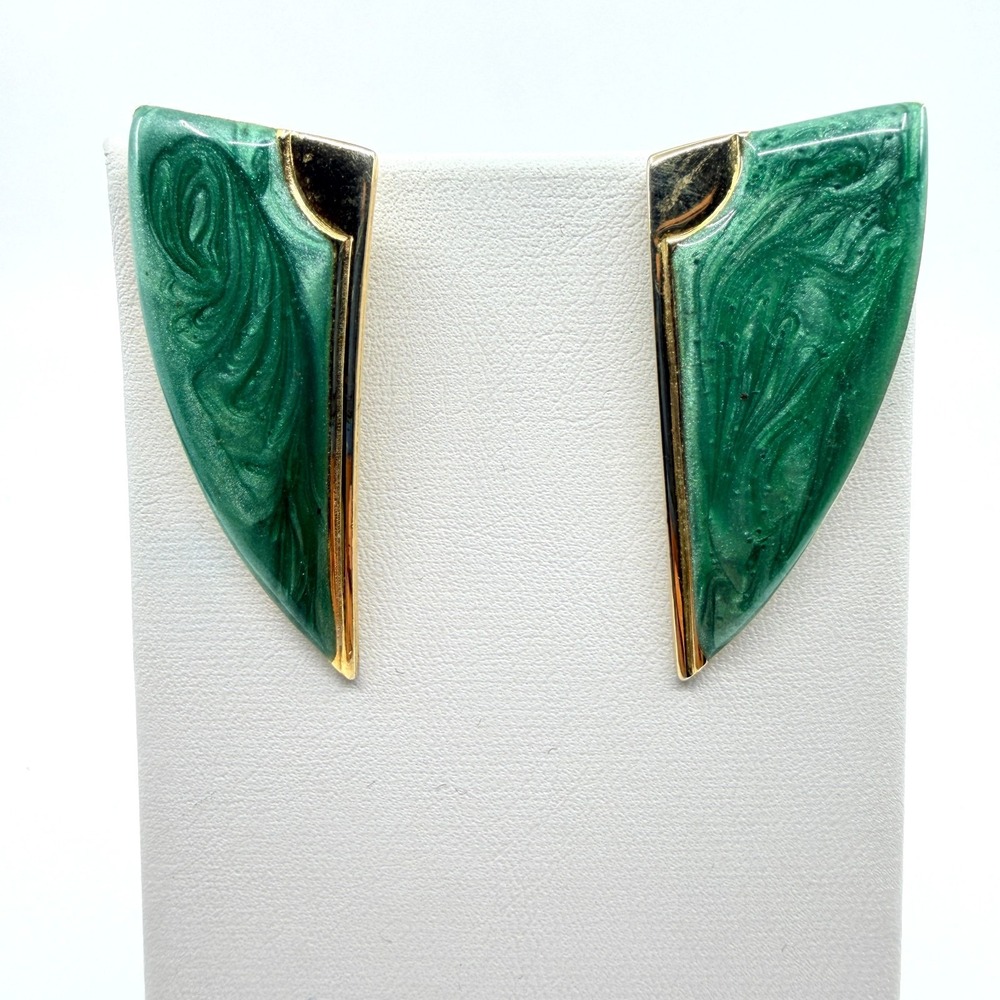 Vintage 80s Geometric Green Swirl Enamel Gold Tone Statement Post Earrings